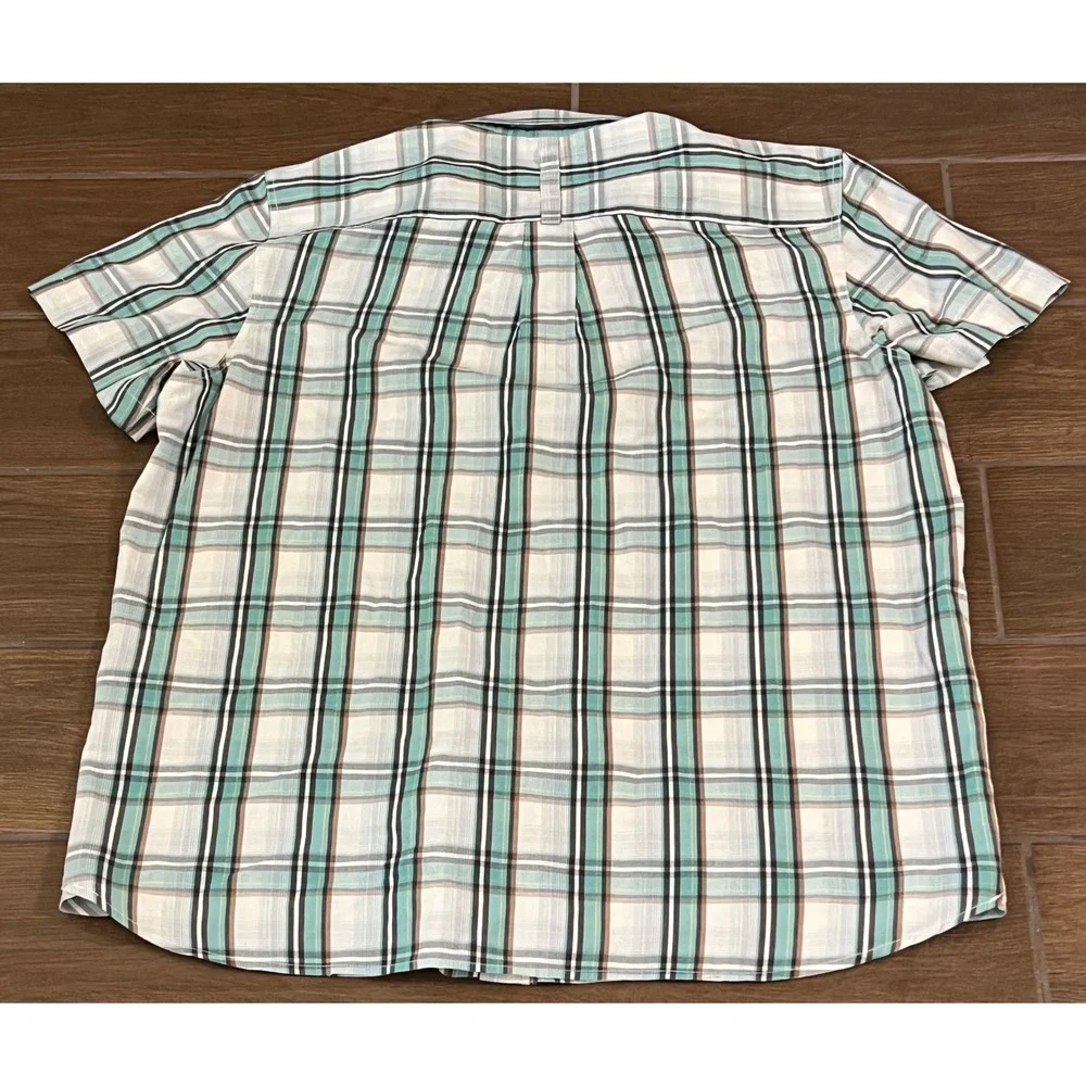 The North Face Mens XL Short Sleeve Plaid Button Down Shirt Teal White Brown